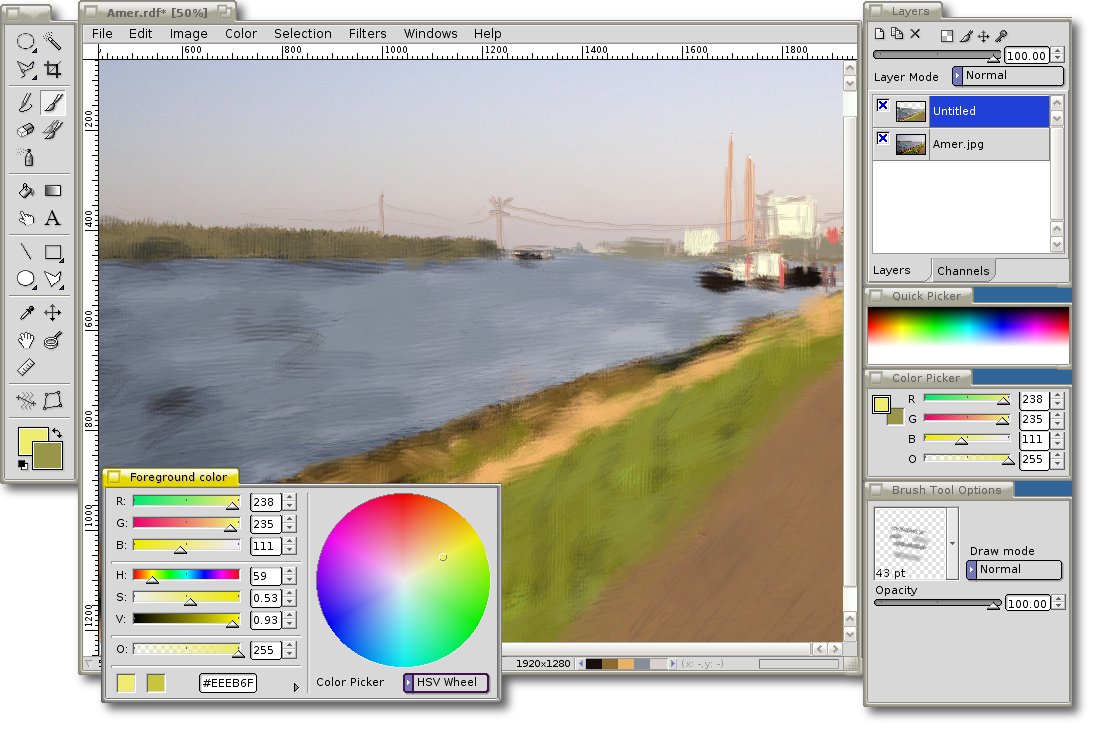 Refraction 1.0 on Zeta: a photo of a river bank being painted over, with the toolbox, layers, colour picker and brush options windows open