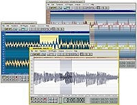 Three SampleStudio editing windows with stereo and mono waveforms